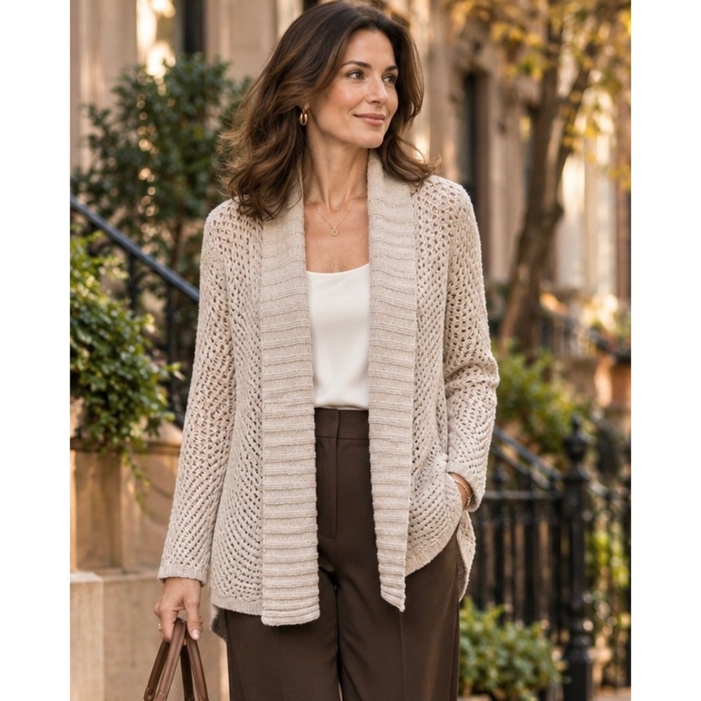 Eileen Fisher Beige Open Knit Cotton Cardigan Shawl Collar Petite Medium Minimu